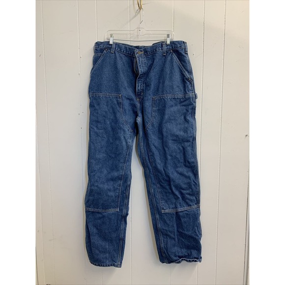 Carhartt Jeans Mens 42x34 Carpenter Denim Blue Double Knee Dungaree Fit Workwear - Picture 1 of 15